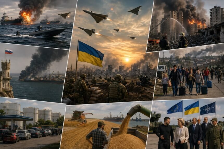 Ukraine war illustration showing drones, fuel shortages, and civilians affected by the ongoing conflict.